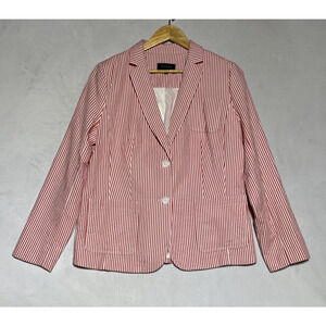Talbots Cotton Seersucker Stripe Blazer Womens 10 Red Orange Sporty Preppy